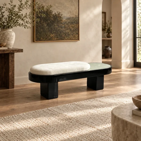 Oval Jade Stone Bench with Velvet Cushion on Black Base in olive — in a room setting