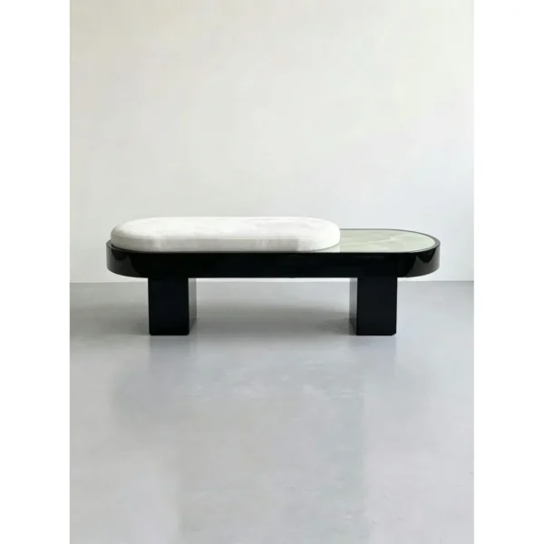 Oval Jade Stone Bench with Velvet Cushion on Black Base in olive — in a room setting