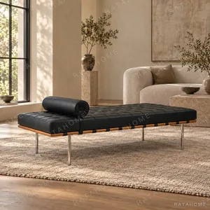 Woven Leather Daybed with Bolster on Steel Legs, 180 cm in black — in a room setting