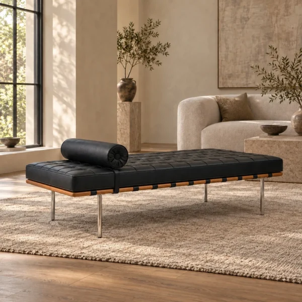 Woven Leather Daybed with Bolster on Steel Legs, 180 cm in black — in a room setting
