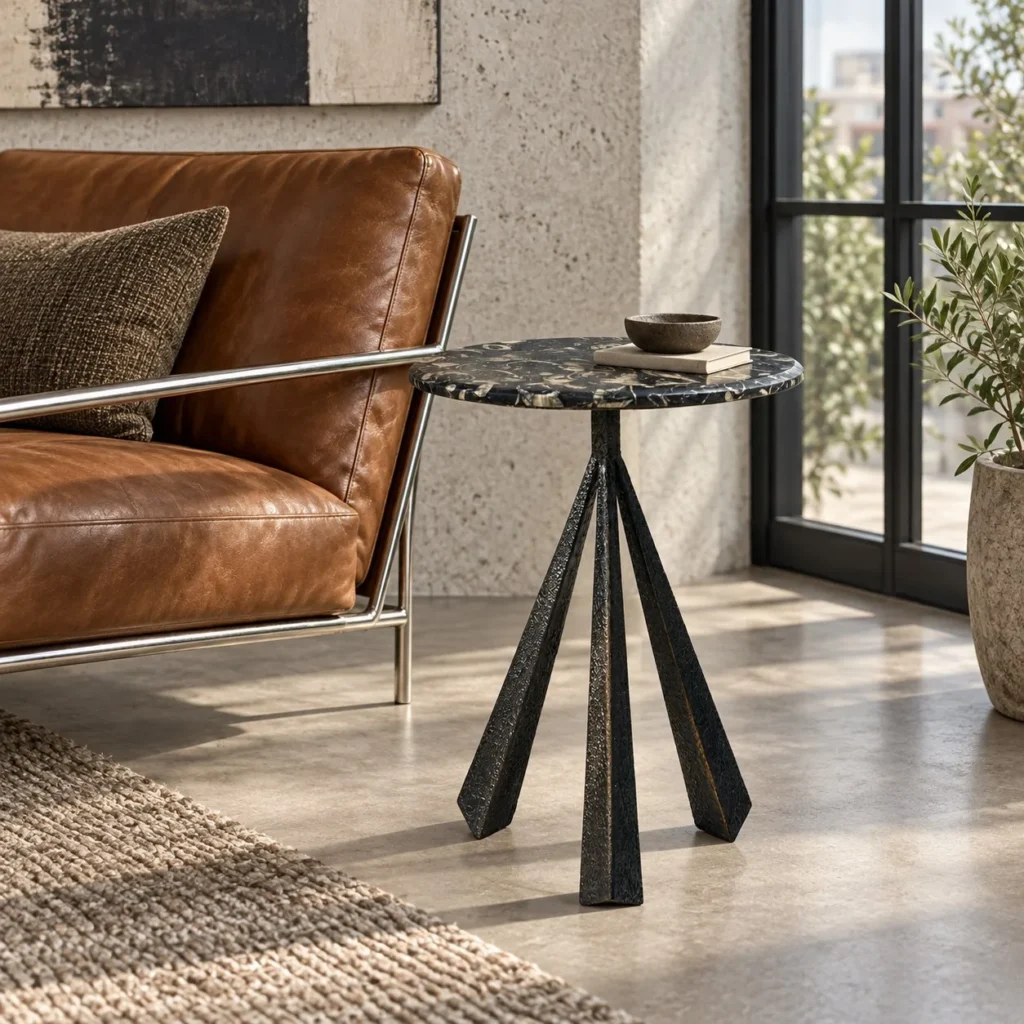 Black Fossil Marble Side Table on Cast Metal Tripod in black — front view