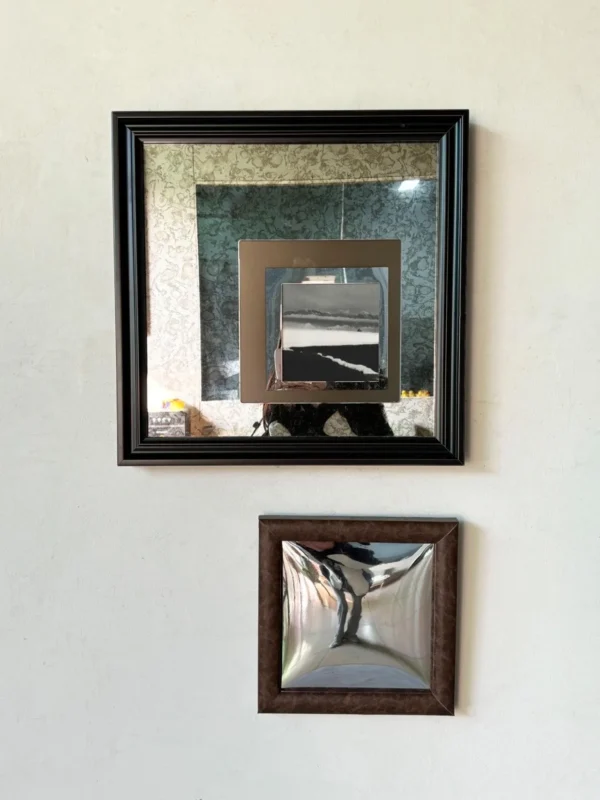Art Mirror Wall Set with Rust Mirror, Metal Panel and in bronze — in a room setting