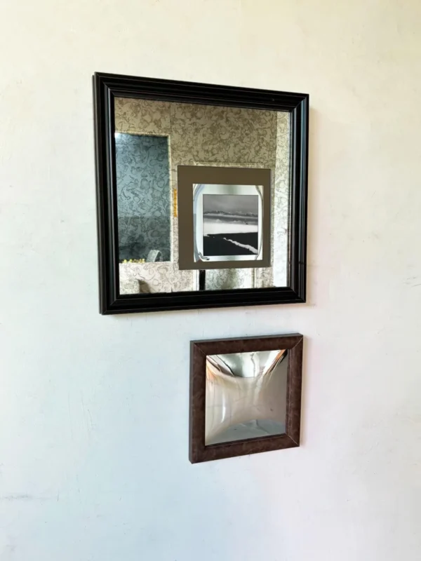 Art Mirror Wall Set with Rust Mirror, Metal Panel and in bronze — in a room setting