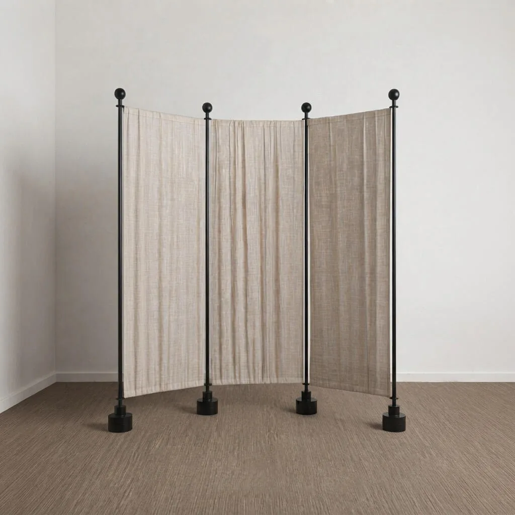 Art of Distance Linen Panel Screen on Black Iron Stands in sand — front view