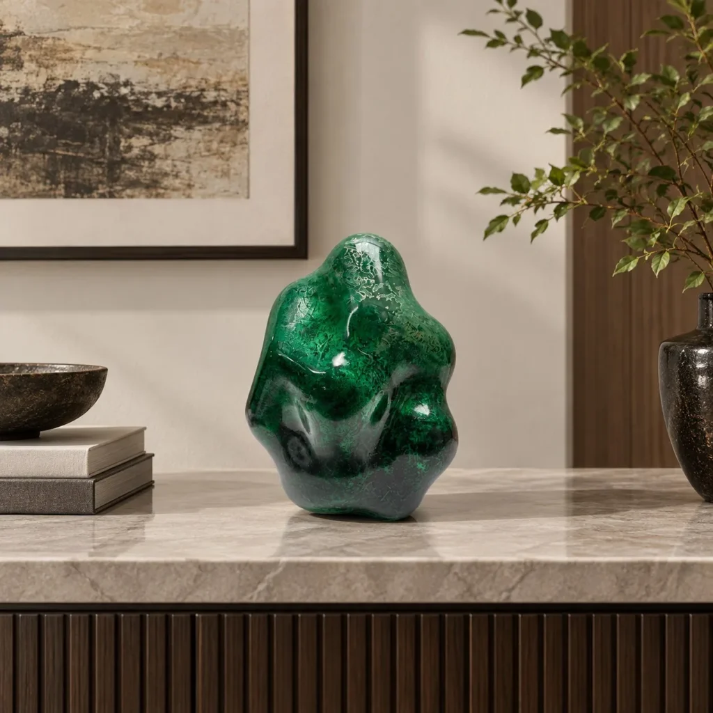 Green Lacquer Organic Sculpture, 23 x 21 x 32 cm in olive — front view