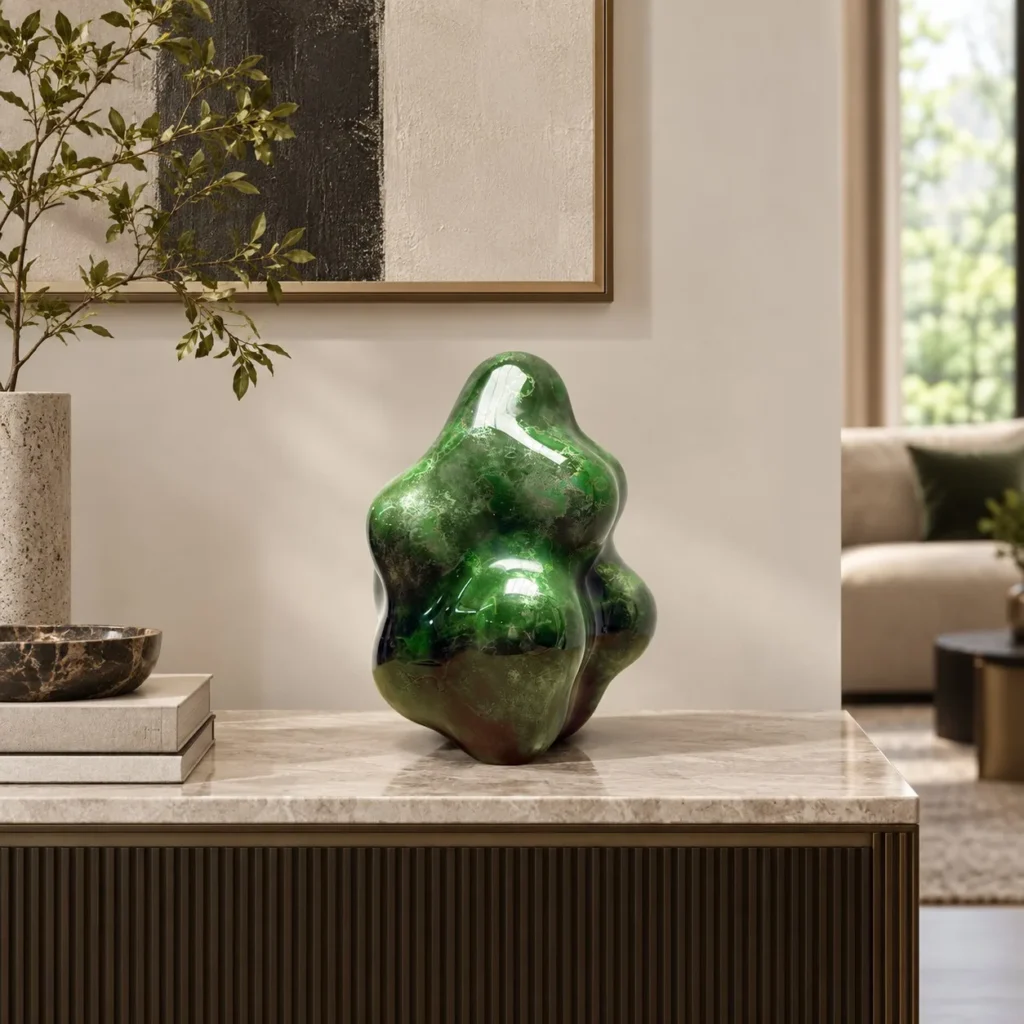 Emerald Lacquer Lobed Sculpture, 23 x 21 x 32 cm in olive — front view