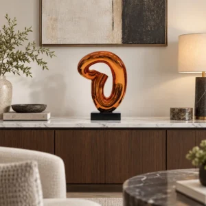 Amber Glass Loop Sculpture on Black Base, 30 x 43.5 cm in rust — front view