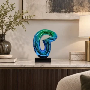 Blue-Green Glass Loop Sculpture on Black Base, 30 x 43.5 cm in blue — front view