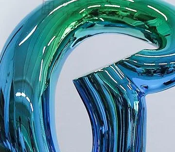 Blue-Green Glass Loop Sculpture on Black Base, 30 x 43.5 cm in blue — detail