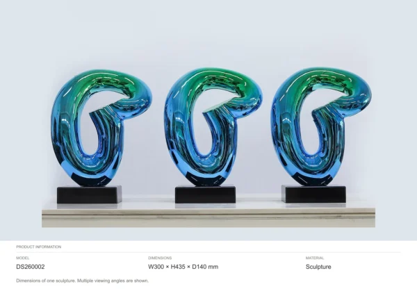 Blue-Green Glass Loop Sculpture on Black Base, 30 x 43.5 cm in blue — dimensions