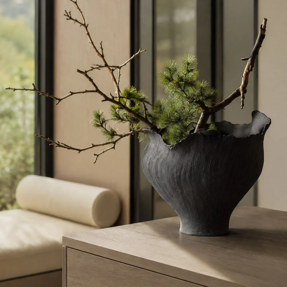 Art Textured Black Ceramic Vase with Torn Rim, Two Forms in black — front view