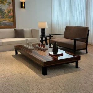 High-Gloss Macassar Grain Coffee Table with Black Metal Legs in clay — front view