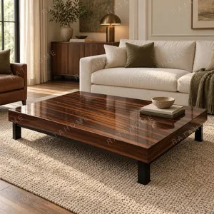 High-Gloss Macassar Grain Coffee Table with Black Metal Legs in clay — in a room setting