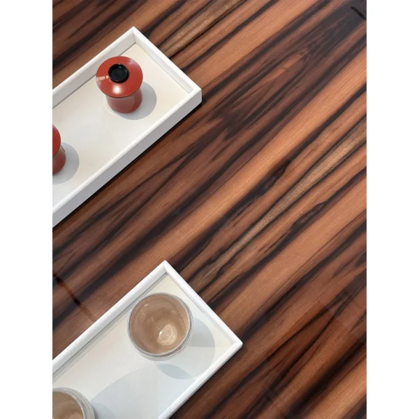 High-Gloss Macassar Grain Coffee Table with Black Metal Legs in clay — in a room setting