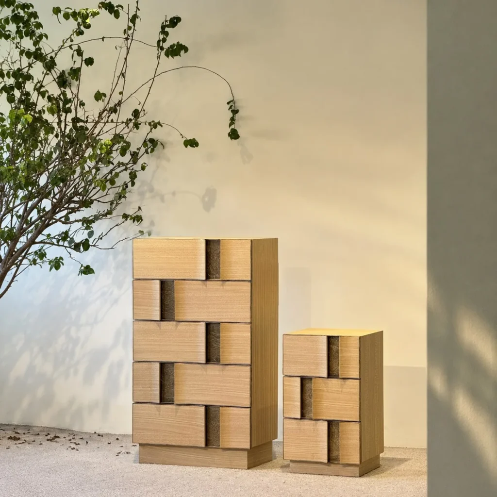 Art Veneer Tall and Small Cabinet Pair with Curved Doors in natural oak — front view