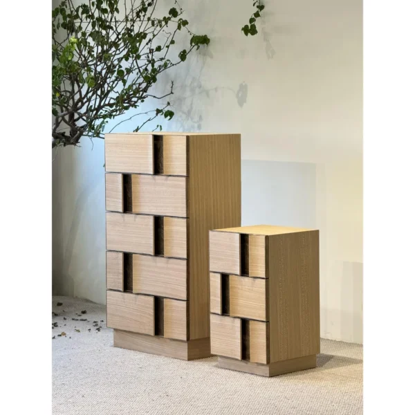 Art Veneer Tall and Small Cabinet Pair with Curved Doors in natural oak — in a room setting