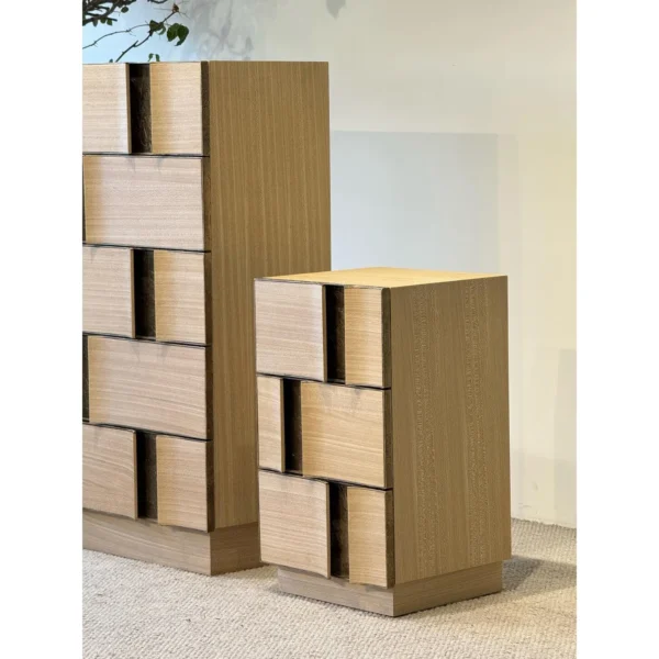 Art Veneer Tall and Small Cabinet Pair with Curved Doors in natural oak — in a room setting