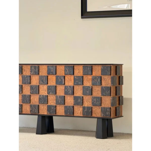 Checkerboard Art Veneer Entryway Cabinet on Cone Legs in black — in a room setting
