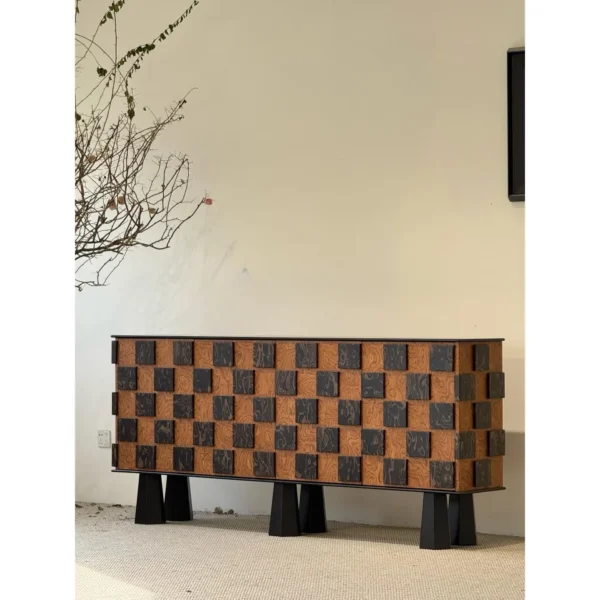 Checkerboard Art Veneer Entryway Cabinet on Cone Legs in black — in a room setting