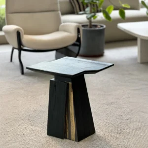 Two-Tone Art Veneer Side Table in Black and Natural Wood — front view