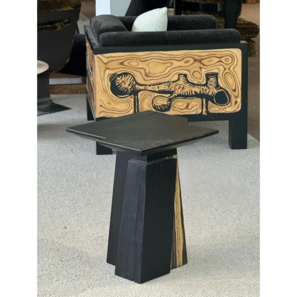 Two-Tone Art Veneer Side Table in Black and Natural Wood — in a room setting