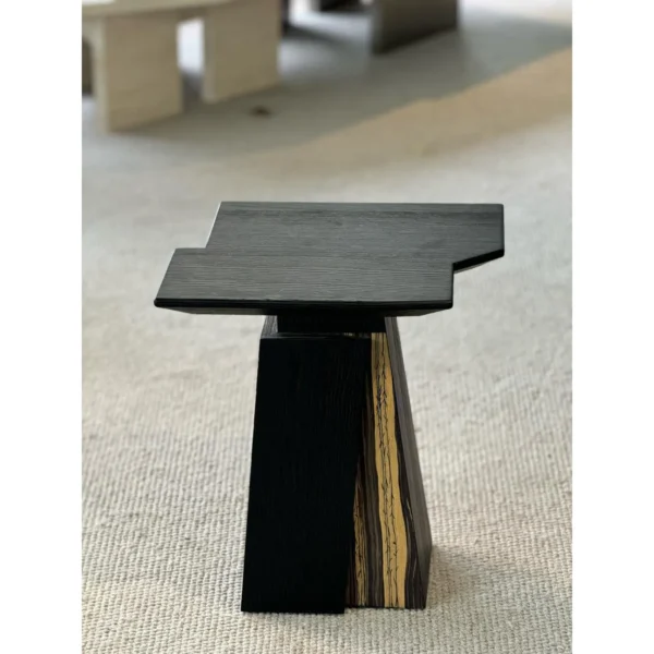 Two-Tone Art Veneer Side Table in Black and Natural Wood — in a room setting