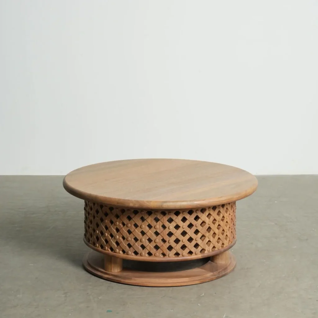 Round Teak Coffee Table with Lattice Drum Base, 110 cm in natural oak — front view