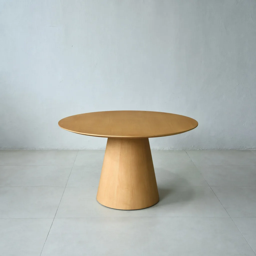 Solid Ash Round Dining Table on Cone Base in natural oak — front view