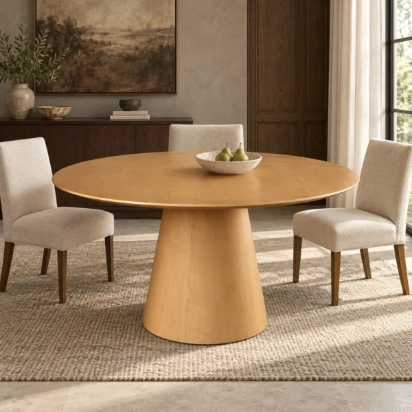 Solid Ash Round Dining Table on Cone Base in natural oak — in a room setting