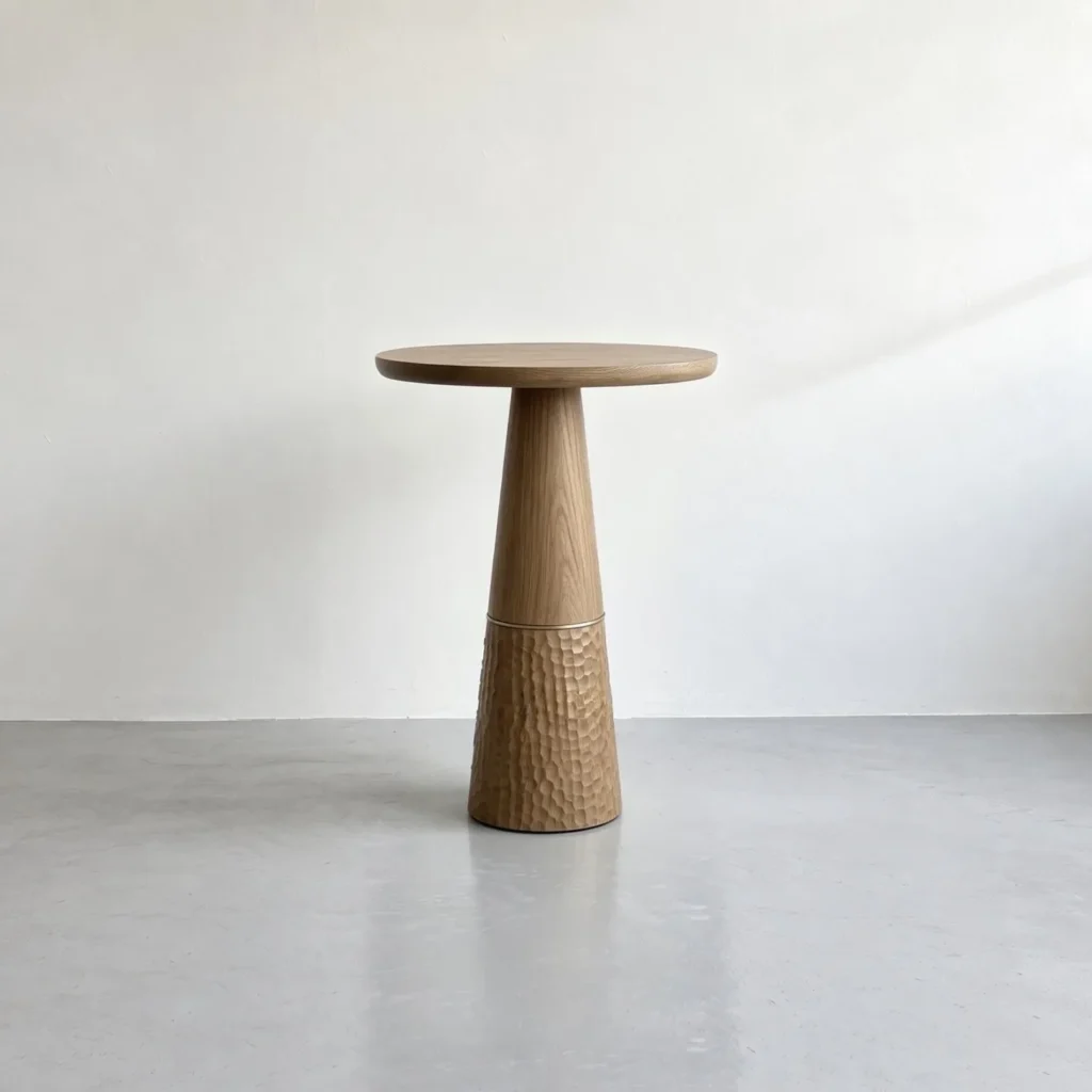 Ash Cone Side Table with Hammered Base and Brass Ring, 48 cm in natural oak — front view