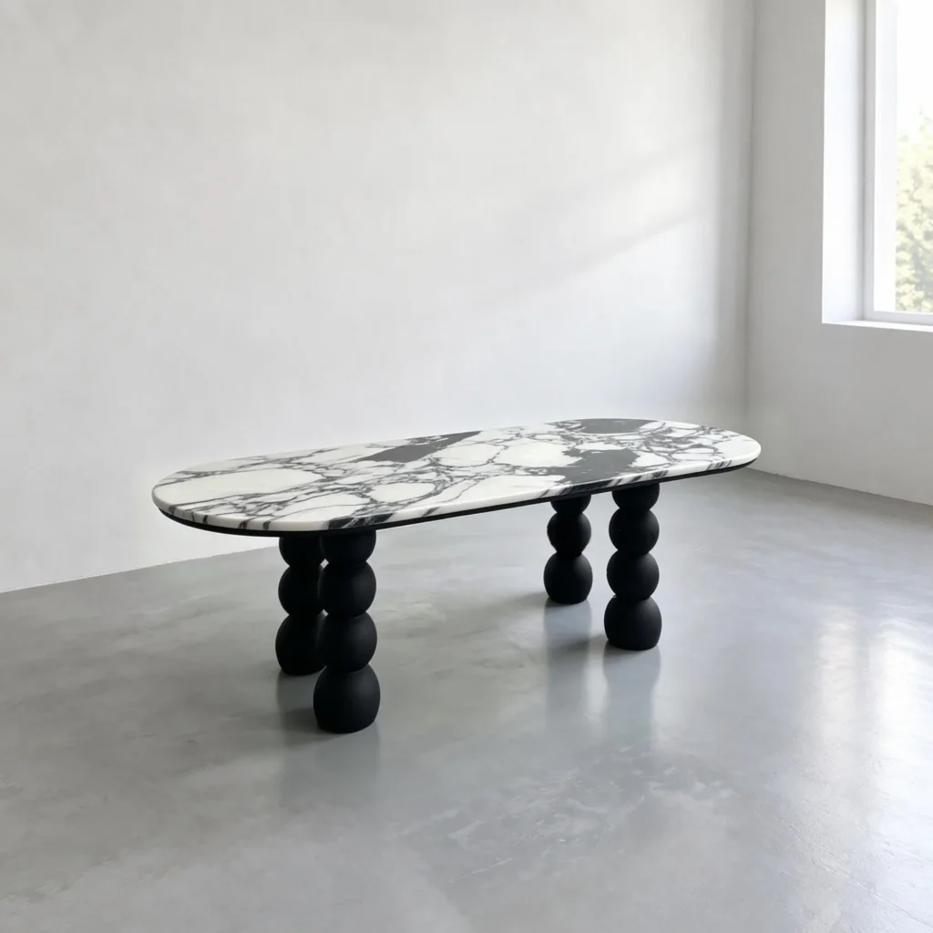 White Marble Oval Table on Black Ash Sphere Legs in ivory — front view