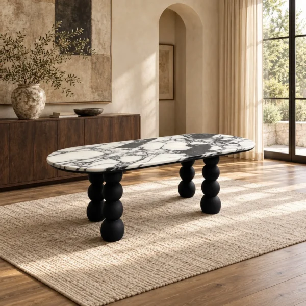 White Marble Oval Table on Black Ash Sphere Legs in ivory — in a room setting