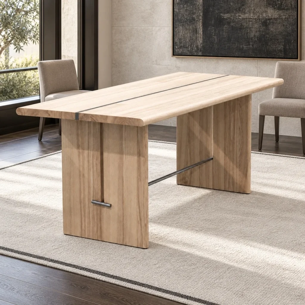 Ash Plank Table with Steel Stretcher, Desk or Dining in natural oak — front view