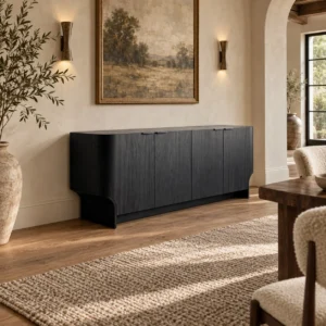 Black Ash Minimalist Sideboard with Arched Base in black — in a room setting