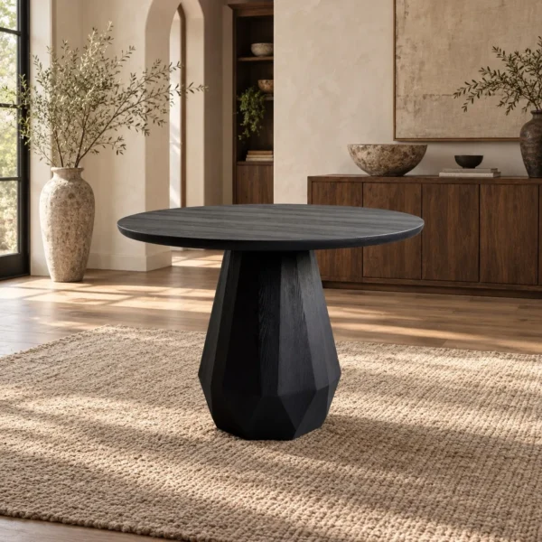 Matte Black Ash Round Table on Faceted Gem Base in black — in a room setting