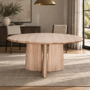 Ash Round Dining Table on Curved Panel Base, Unfinished in natural oak — front view