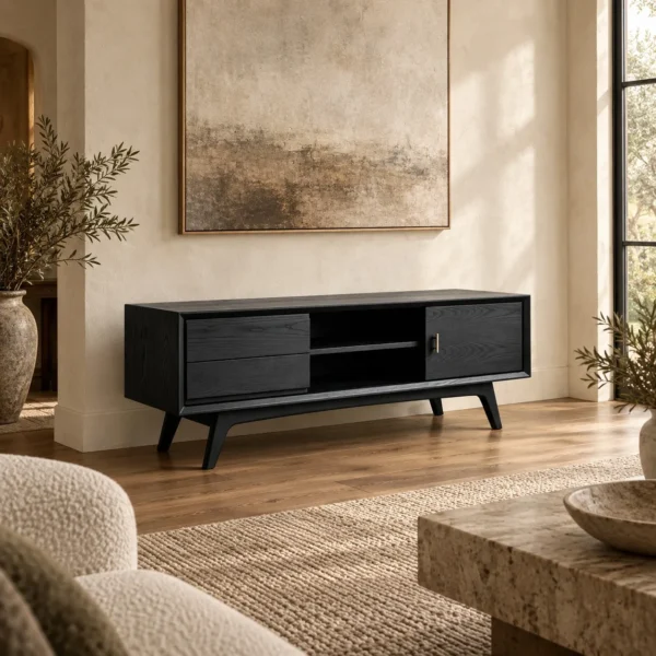 Dark Ash TV Stand with Drawer, Open Shelf and Brass Pull in black — in a room setting