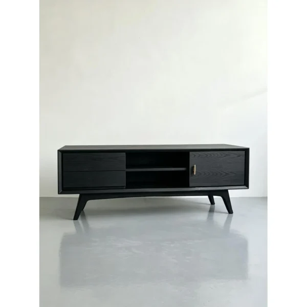 Dark Ash TV Stand with Drawer, Open Shelf and Brass Pull in black — in a room setting