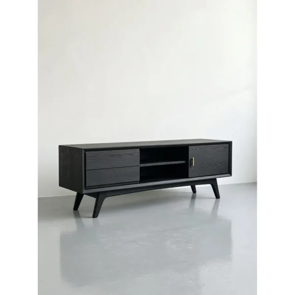 Dark Ash TV Stand with Drawer, Open Shelf and Brass Pull in black — in a room setting