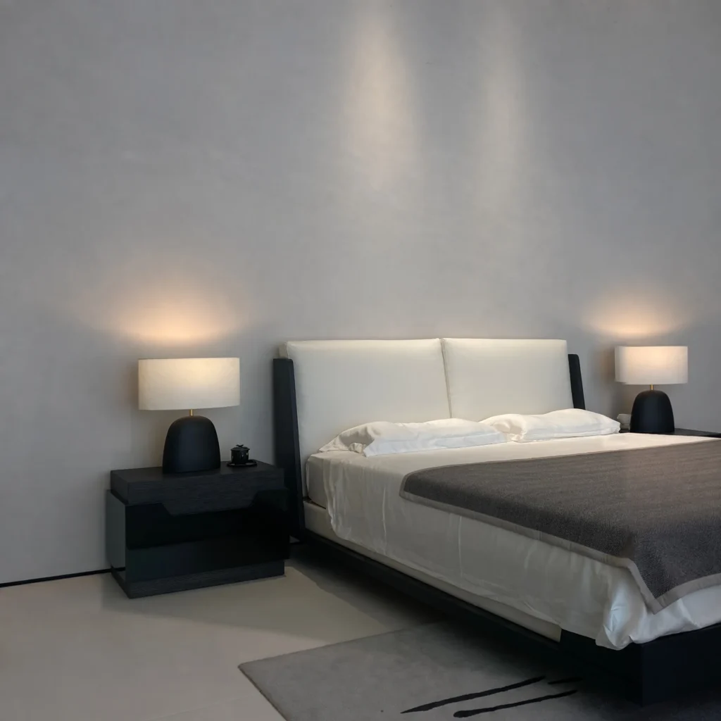 Aspre Oak Bed with Twin Cushion Headboard in black — front view