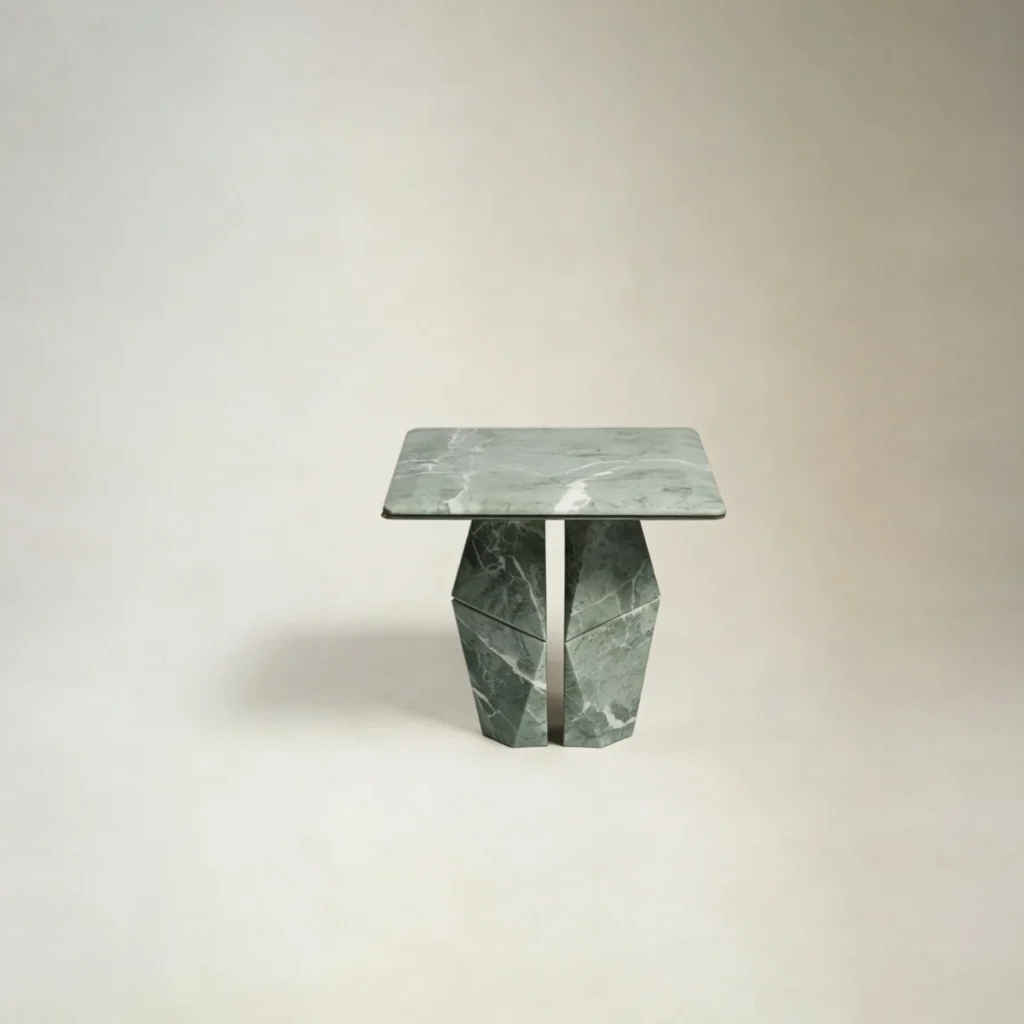 Alpine Green Marble Side Table with Angled Slab Base in olive — front view