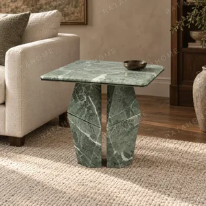 Alpine Green Marble Side Table with Angled Slab Base in olive — in a room setting