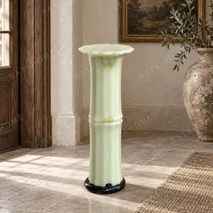 Bamboo Shadow Green Jade Column Pedestal in olive — in a room setting