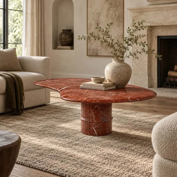 Chilan Yunting Rose Red Marble Coffee Table on Cylinder Base in red — in a room setting