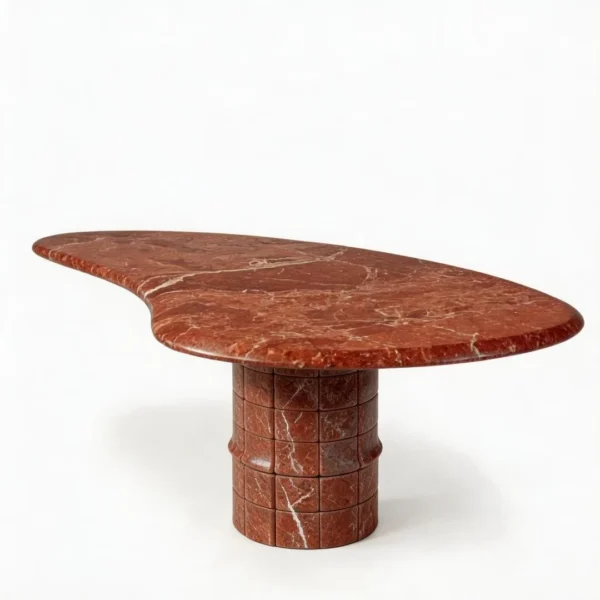 Chilan Yunting Rose Red Marble Coffee Table on Cylinder Base in red — in a room setting