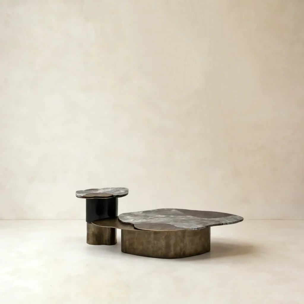 Gilded Hand-Forged Metal Nesting Tables in slate — front view
