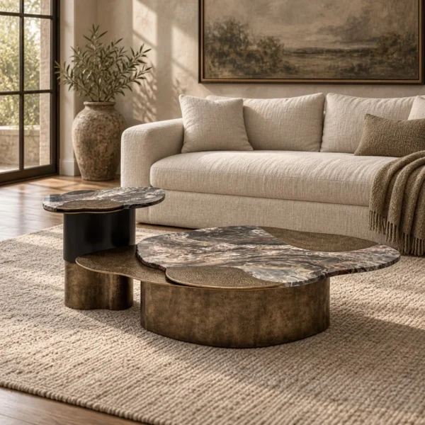 Gilded Hand-Forged Metal Nesting Tables in slate — in a room setting