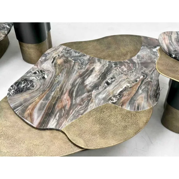 Gilded Hand-Forged Metal Nesting Tables in slate — in a room setting