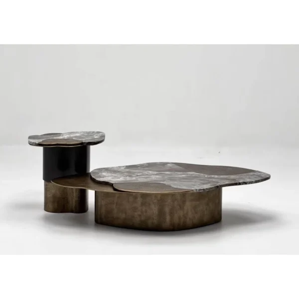 Gilded Hand-Forged Metal Nesting Tables in slate — in a room setting