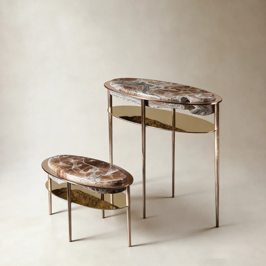 Hand-Forged Metal and Crystal Stone Oval Side Table Set in clay — front view